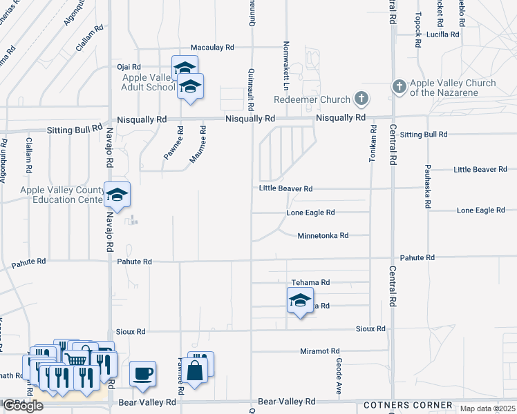 map of restaurants, bars, coffee shops, grocery stores, and more near 12655 Quinnault Road in Apple Valley