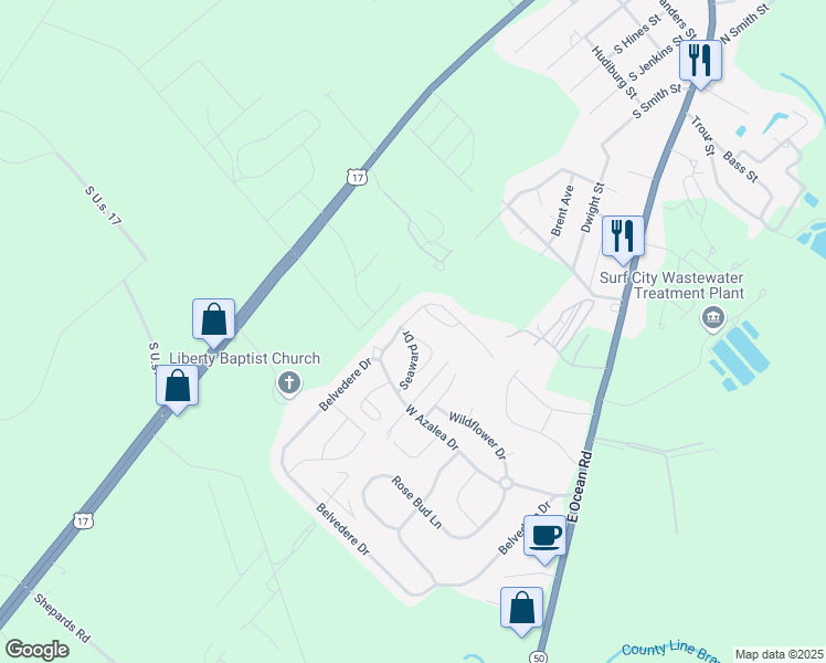 map of restaurants, bars, coffee shops, grocery stores, and more near 220 Holly Pond Drive in Holly Ridge