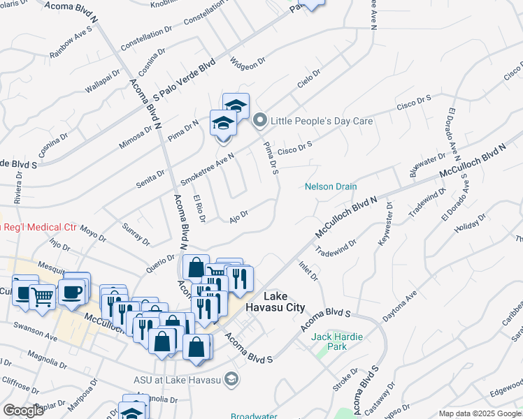 map of restaurants, bars, coffee shops, grocery stores, and more near 2380 Ajo Drive in Lake Havasu City