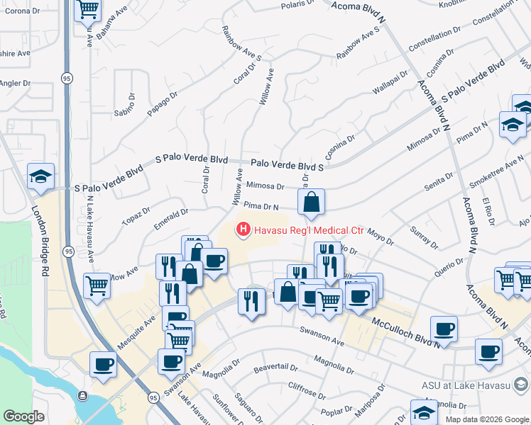 map of restaurants, bars, coffee shops, grocery stores, and more near 1929 Pima Drive North in Lake Havasu City