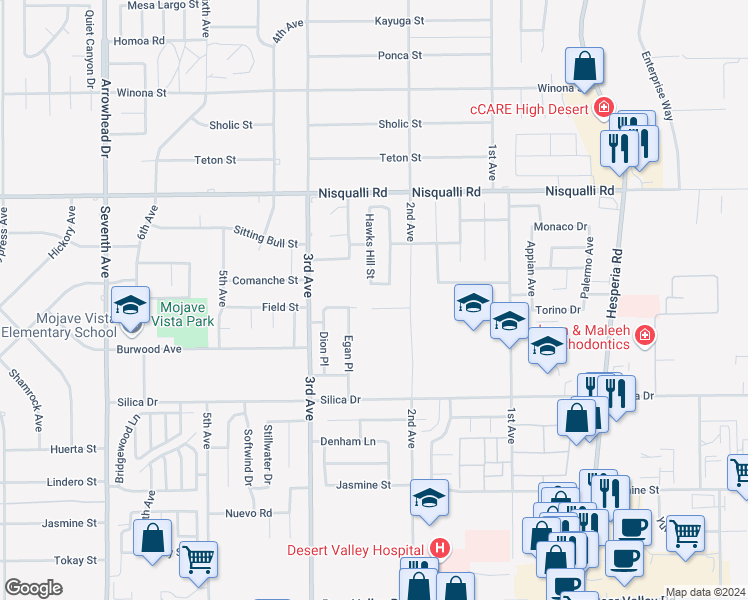 map of restaurants, bars, coffee shops, grocery stores, and more near 16630 Country Ranch Court in Victorville