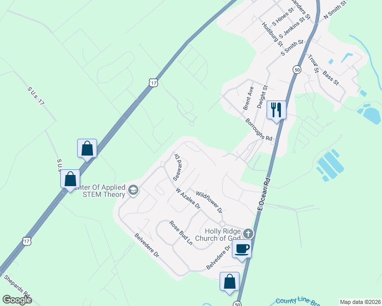 map of restaurants, bars, coffee shops, grocery stores, and more near 502 Cottage Court in Holly Ridge