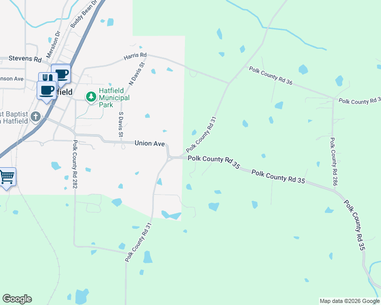 map of restaurants, bars, coffee shops, grocery stores, and more near 487 Polk County Road 31 in Hatfield