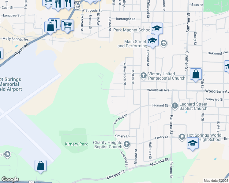 map of restaurants, bars, coffee shops, grocery stores, and more near 1018 Woodlawn Avenue in Hot Springs