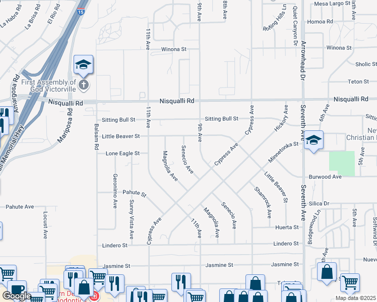 map of restaurants, bars, coffee shops, grocery stores, and more near 12691 Senecio Avenue in Victorville
