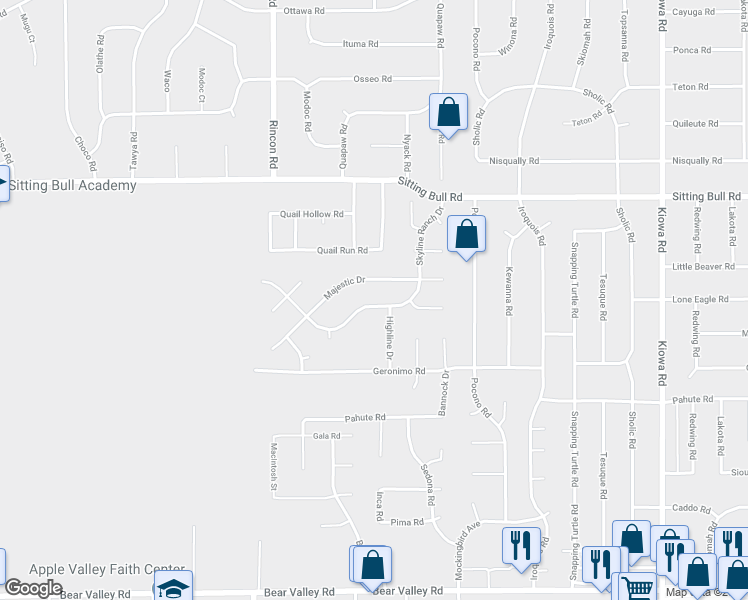 map of restaurants, bars, coffee shops, grocery stores, and more near 20307 Majestic Drive in Apple Valley