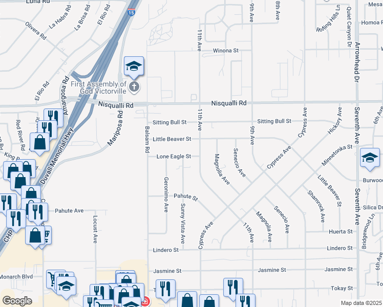 map of restaurants, bars, coffee shops, grocery stores, and more near 15466 Lone Eagle Street in Victorville