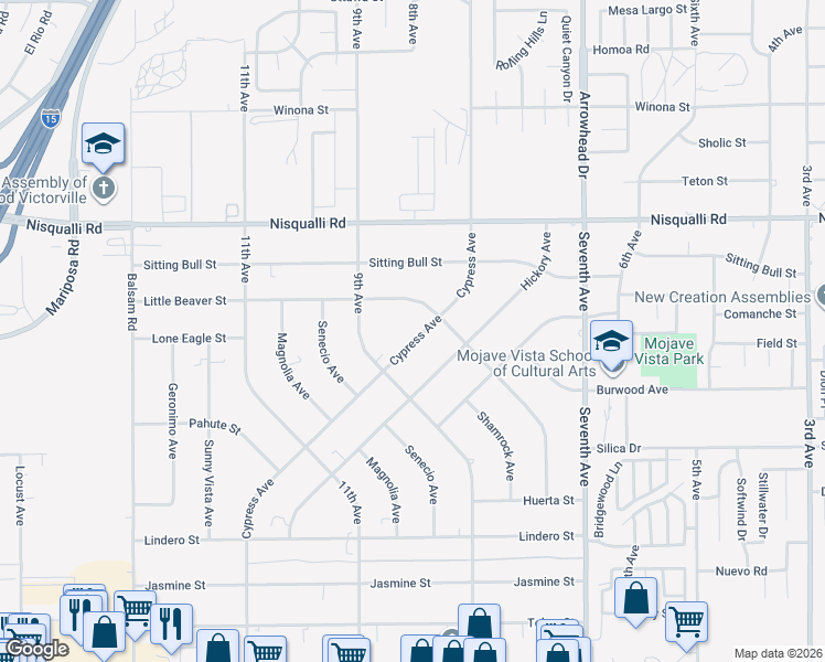 map of restaurants, bars, coffee shops, grocery stores, and more near 12698 Cypress Avenue in Victorville