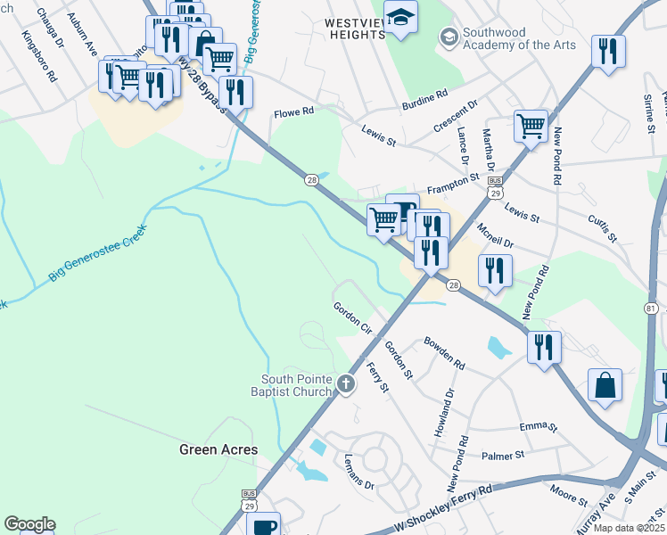 map of restaurants, bars, coffee shops, grocery stores, and more near 302 Renee Way in Anderson