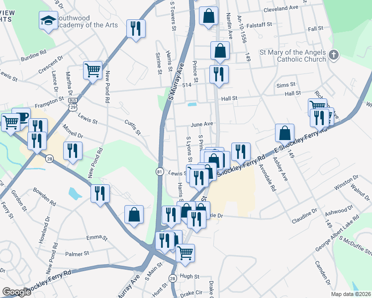 map of restaurants, bars, coffee shops, grocery stores, and more near 43 South Lyons Street in Anderson