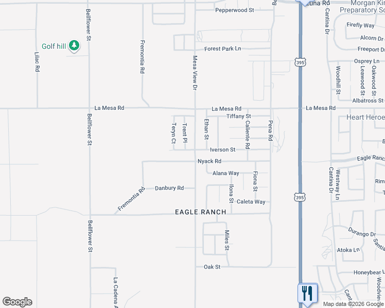 map of restaurants, bars, coffee shops, grocery stores, and more near 11695 Iverson Street in Victorville