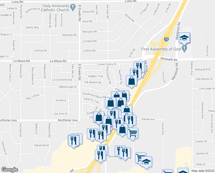 map of restaurants, bars, coffee shops, grocery stores, and more near 14698 King Canyon Road in Victorville