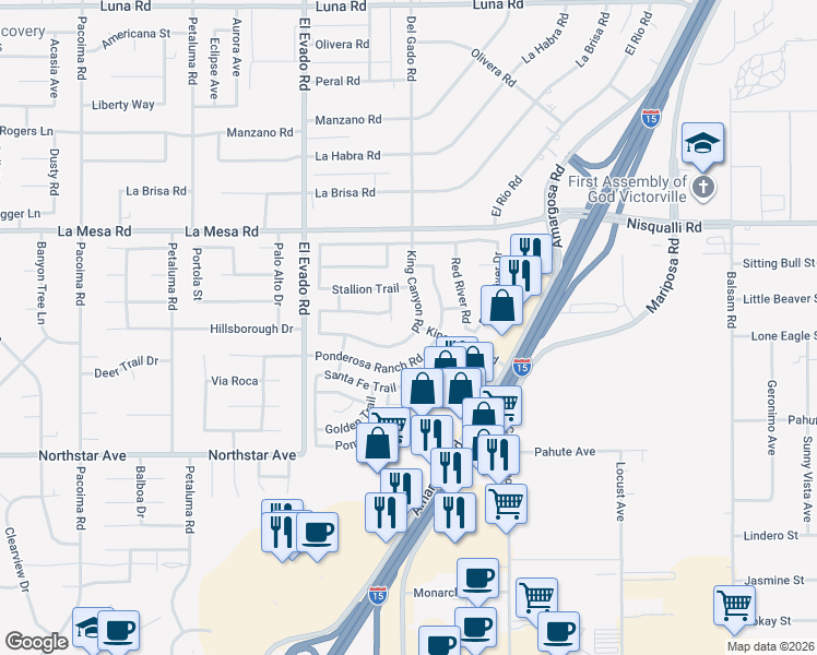 map of restaurants, bars, coffee shops, grocery stores, and more near 14698 King Canyon Road in Victorville
