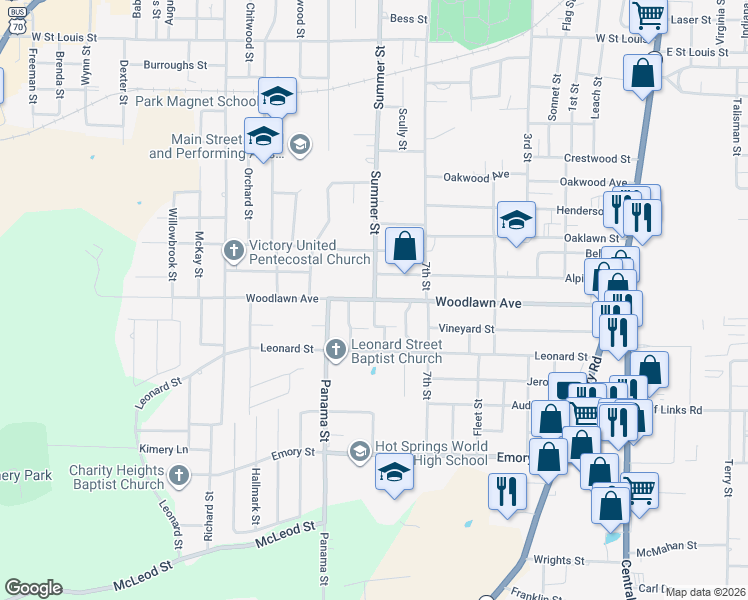 map of restaurants, bars, coffee shops, grocery stores, and more near 1700 Summer Street in Hot Springs