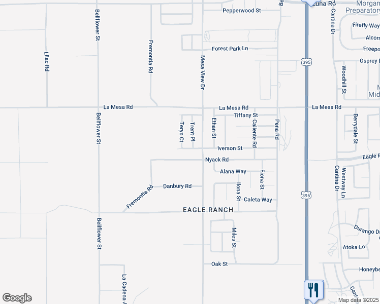 map of restaurants, bars, coffee shops, grocery stores, and more near 11655 Iverson Street in Victorville