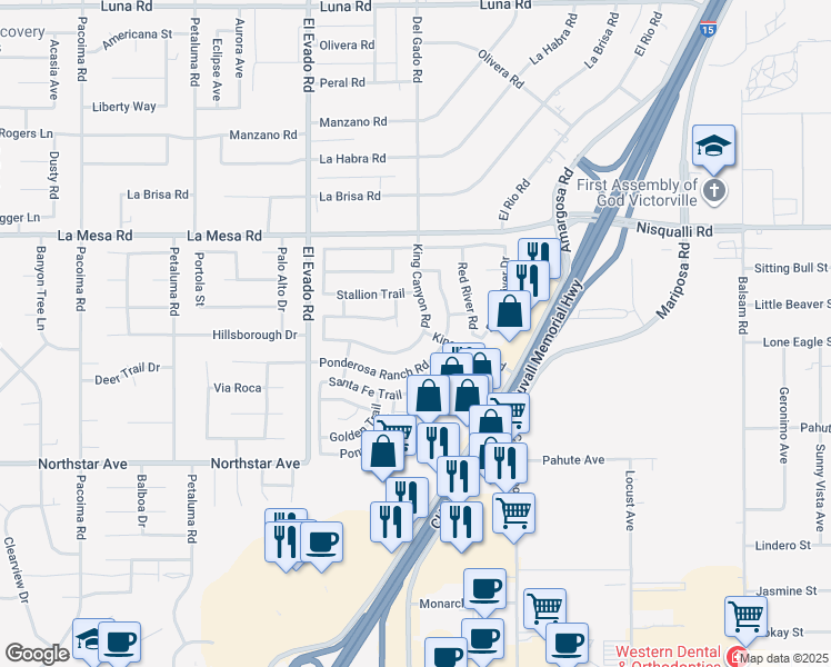 map of restaurants, bars, coffee shops, grocery stores, and more near 14698 King Canyon Road in Victorville