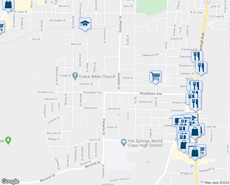 map of restaurants, bars, coffee shops, grocery stores, and more near 504 Woodlawn Avenue in Hot Springs
