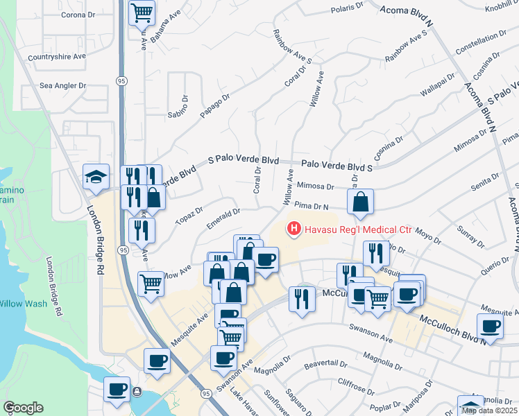 map of restaurants, bars, coffee shops, grocery stores, and more near 1777 Emerald Drive in Lake Havasu City