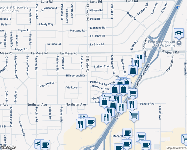 map of restaurants, bars, coffee shops, grocery stores, and more near 14540 King Canyon Road in Victorville