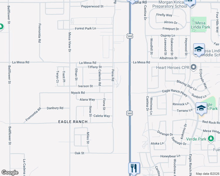 map of restaurants, bars, coffee shops, grocery stores, and more near 11983 Iverson Street in Victorville