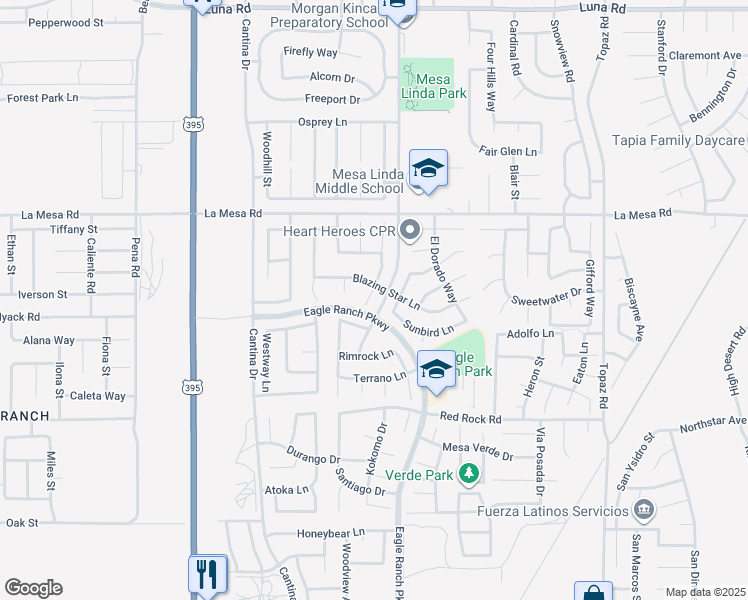 map of restaurants, bars, coffee shops, grocery stores, and more near 12727 Bootridge Lane in Victorville