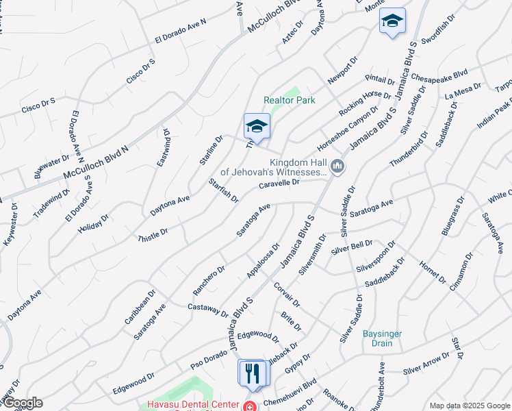 map of restaurants, bars, coffee shops, grocery stores, and more near 3075 Saratoga Avenue in Lake Havasu City