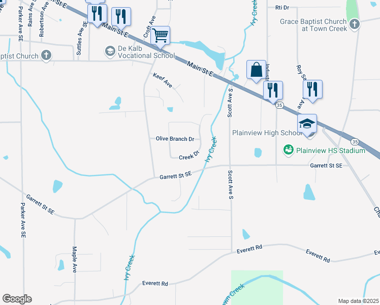 map of restaurants, bars, coffee shops, grocery stores, and more near 179 Creek Drive in Rainsville