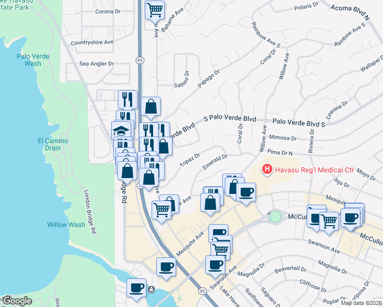 map of restaurants, bars, coffee shops, grocery stores, and more near 1675 Topaz Drive in Lake Havasu City