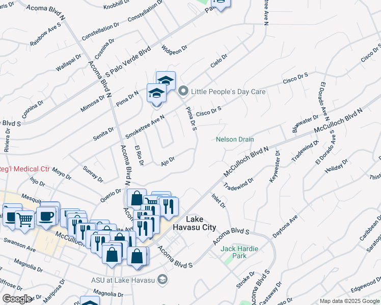 map of restaurants, bars, coffee shops, grocery stores, and more near 2411 Pima Drive South in Lake Havasu City