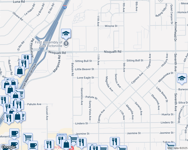 map of restaurants, bars, coffee shops, grocery stores, and more near 15466 Lone Eagle Street in Victorville