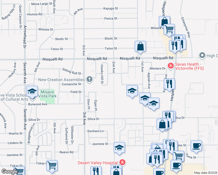map of restaurants, bars, coffee shops, grocery stores, and more near 16667 Indian Summer Street in Victorville