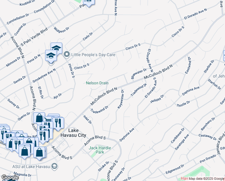 map of restaurants, bars, coffee shops, grocery stores, and more near 2591 McCulloch Boulevard North in Lake Havasu City
