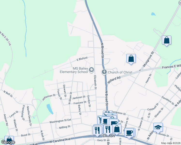 map of restaurants, bars, coffee shops, grocery stores, and more near 625 Elizabeth Street in Clinton