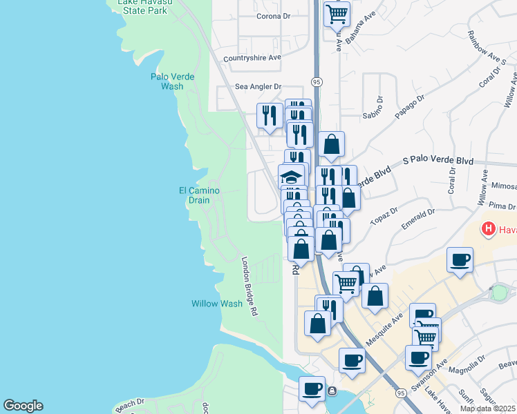 map of restaurants, bars, coffee shops, grocery stores, and more near 375 London Bridge Road in Lake Havasu City