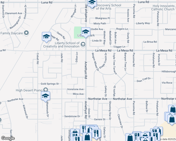 map of restaurants, bars, coffee shops, grocery stores, and more near 12735 Amethyst Road in Victorville