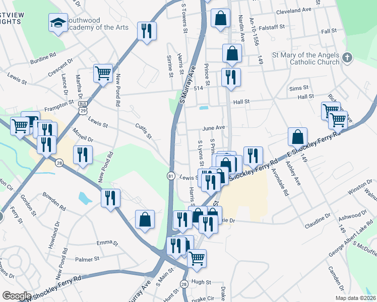 map of restaurants, bars, coffee shops, grocery stores, and more near 52 Harris Street in Anderson
