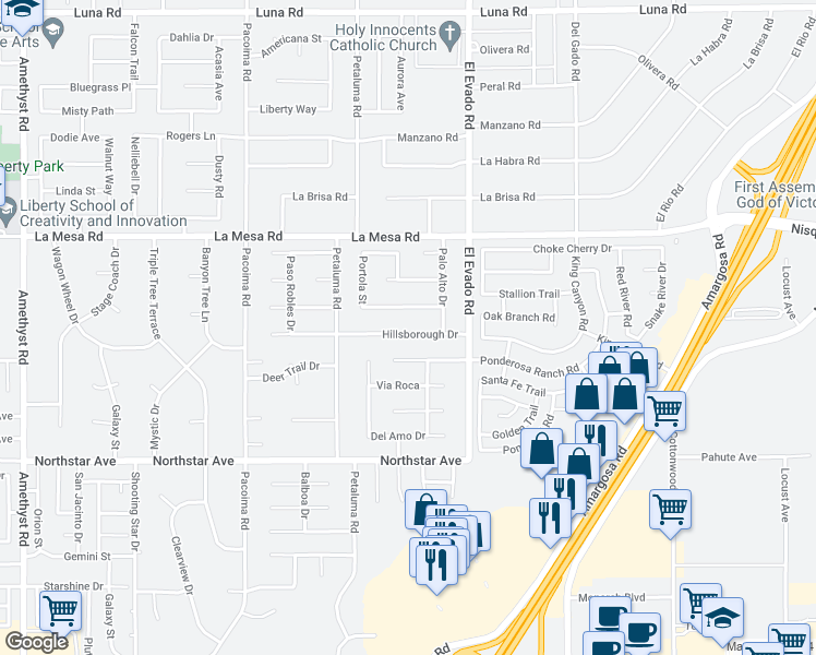 map of restaurants, bars, coffee shops, grocery stores, and more near 14396 Hillsborough Drive in Victorville
