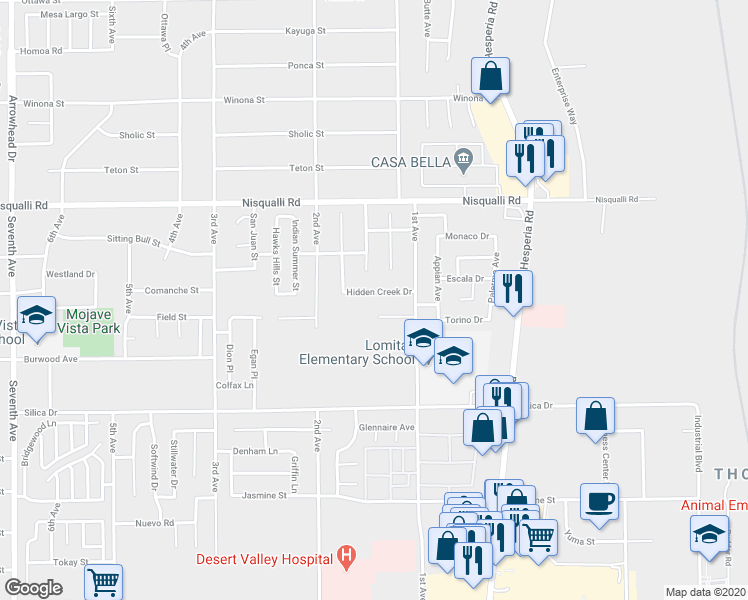 map of restaurants, bars, coffee shops, grocery stores, and more near 16797 Hidden Creek Dr in Victorville