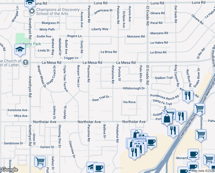 map of restaurants, bars, coffee shops, grocery stores, and more near 14230 Hillsborough Drive in Victorville