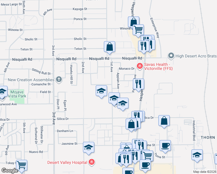 map of restaurants, bars, coffee shops, grocery stores, and more near 16855 Hidden Creek Drive in Victorville