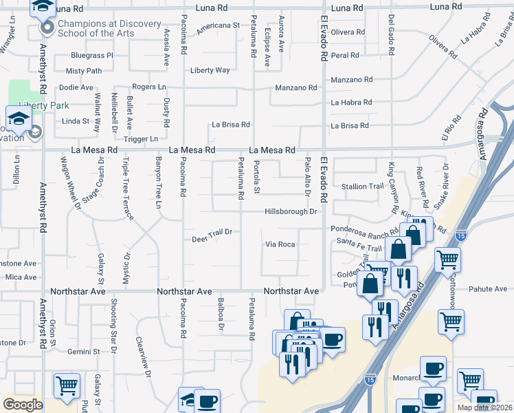 map of restaurants, bars, coffee shops, grocery stores, and more near 14310 Hillsborough Dr in Victorville