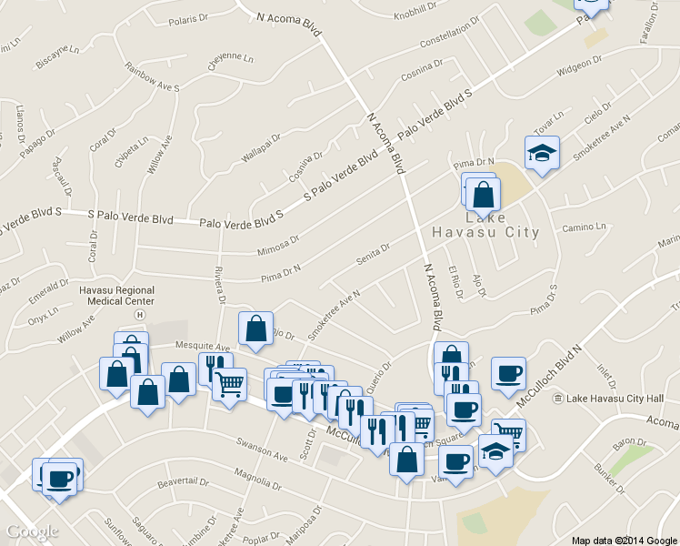 map of restaurants, bars, coffee shops, grocery stores, and more near 2110 Senita Drive in Lake Havasu City