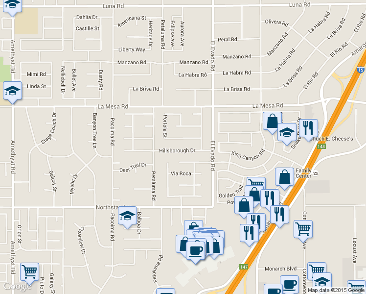 map of restaurants, bars, coffee shops, grocery stores, and more near 14380 Hillsborough Drive in Victorville