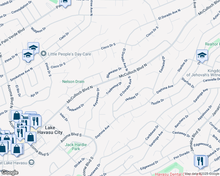 map of restaurants, bars, coffee shops, grocery stores, and more near 2667 Tradewind Drive in Lake Havasu City