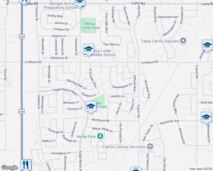 map of restaurants, bars, coffee shops, grocery stores, and more near 12661 Shorewood Lane in Victorville