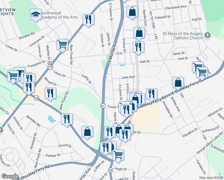 map of restaurants, bars, coffee shops, grocery stores, and more near 52 Harris Street in Anderson