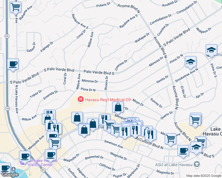 map of restaurants, bars, coffee shops, grocery stores, and more near 2003 Pima Drive North in Lake Havasu City