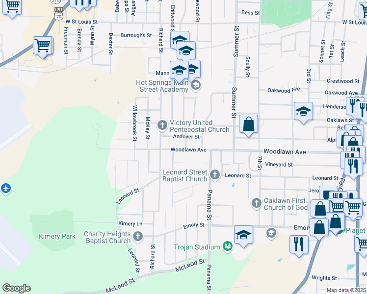 map of restaurants, bars, coffee shops, grocery stores, and more near 800 Woodlawn Avenue in Hot Springs