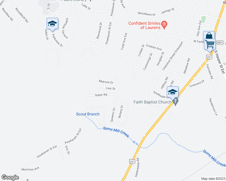 map of restaurants, bars, coffee shops, grocery stores, and more near 103 Lear Drive in Laurens