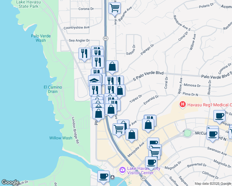 map of restaurants, bars, coffee shops, grocery stores, and more near 276 North Lake Havasu Avenue in Lake Havasu City
